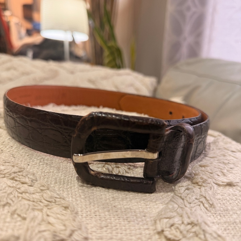 Holt Renfrew Vintage Croc-Embossed Leather Belt in Dark Brown with Silver Buckle